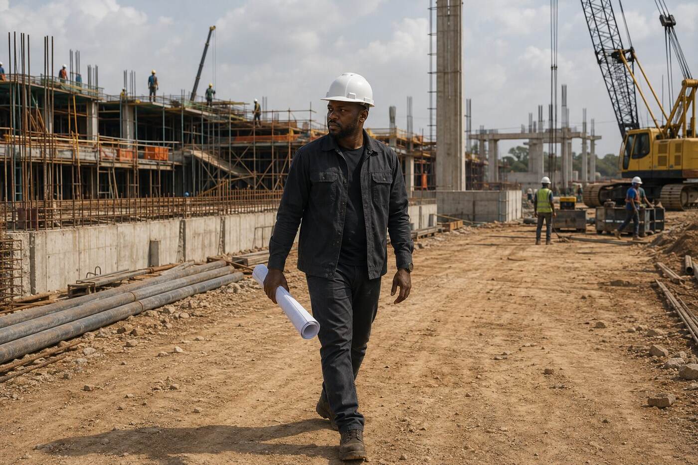 Daniel Adeyemi walking a structural construction site with drawings.