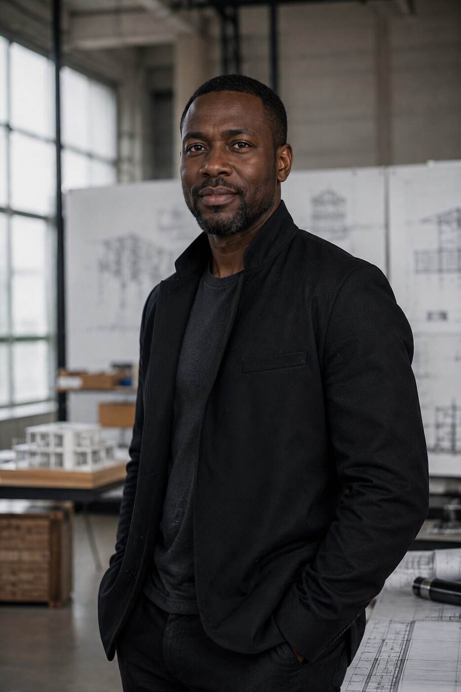 Daniel Adeyemi in his studio, drawings on the wall behind him.