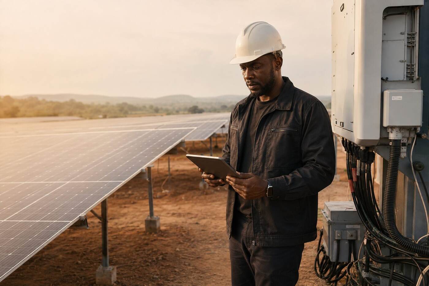 Daniel Adeyemi checking inverter performance at the SUNGRID 48 solar array, Ogun State.