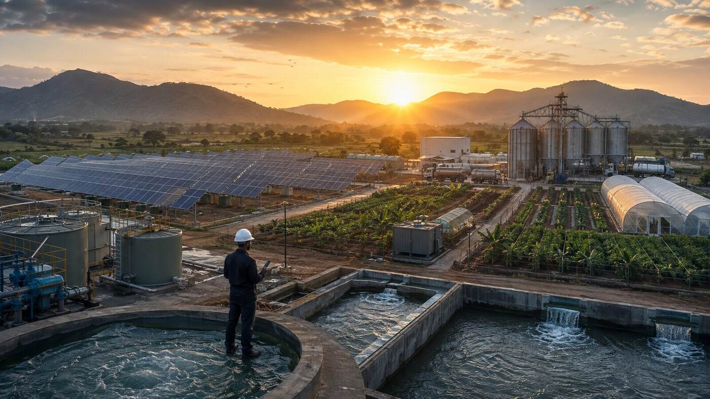 Aerial view of the water and solar infrastructure at sunrise.